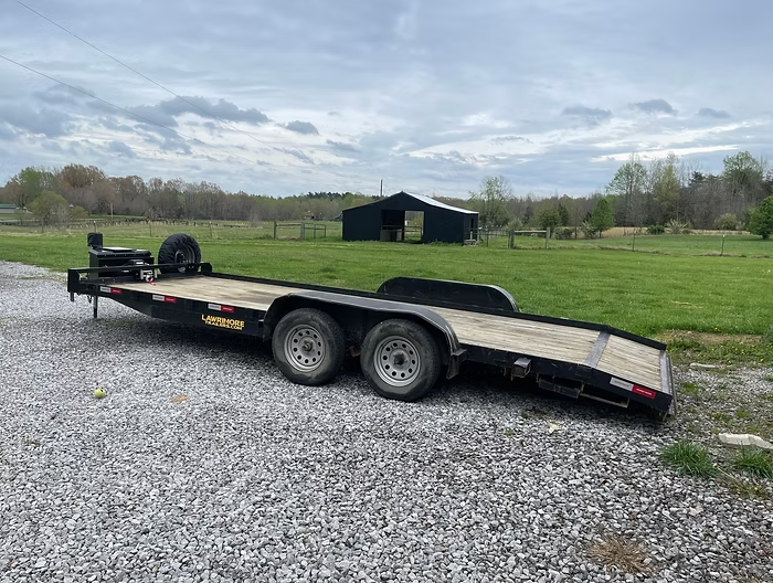 20-foot Lawrimore flatbed car hauler trailer available for rent in Hopkins County, Kentucky - perfect for transporting vehicles and equipment