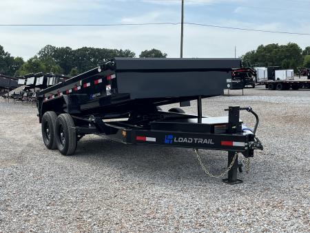 Load Trail dump trailer with bed raised while hitched to truck, coming soon to Owensboro Kentucky